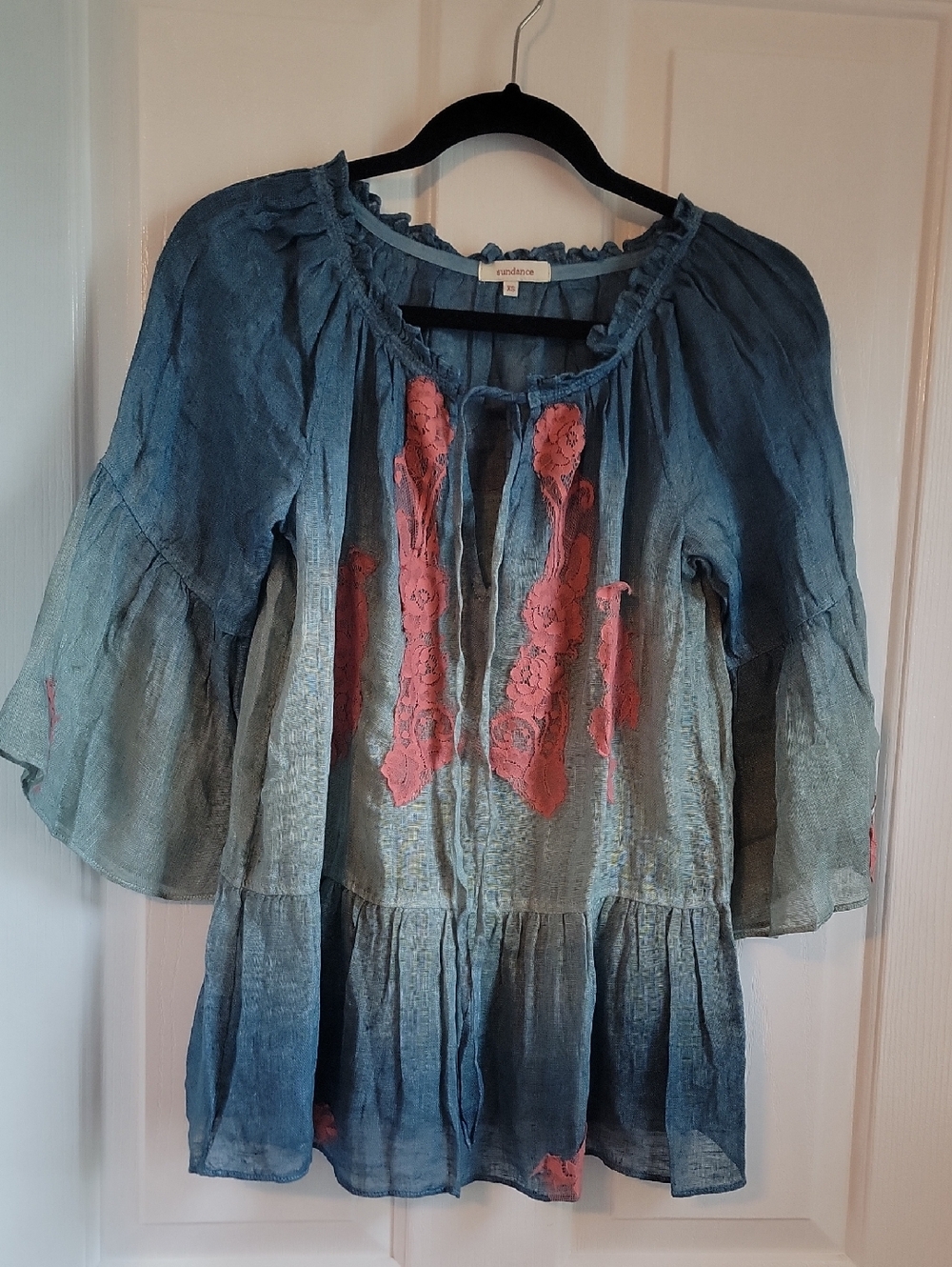 Sundance Blue Linen Texture Top Blue Hombre Lace Shirt Xs X Small New